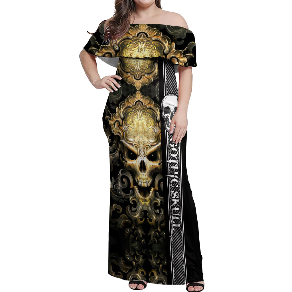 Golden Gothic Skull Off Shoulder Maxi Dress Embracing Ancient Elegance - Wonder Print Shop