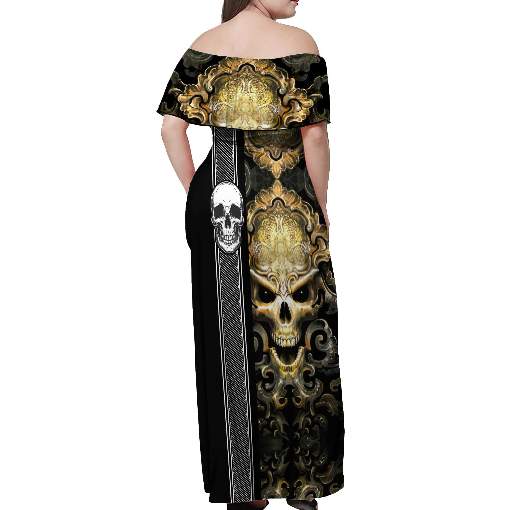 Golden Gothic Skull Off Shoulder Maxi Dress Embracing Ancient Elegance - Wonder Print Shop