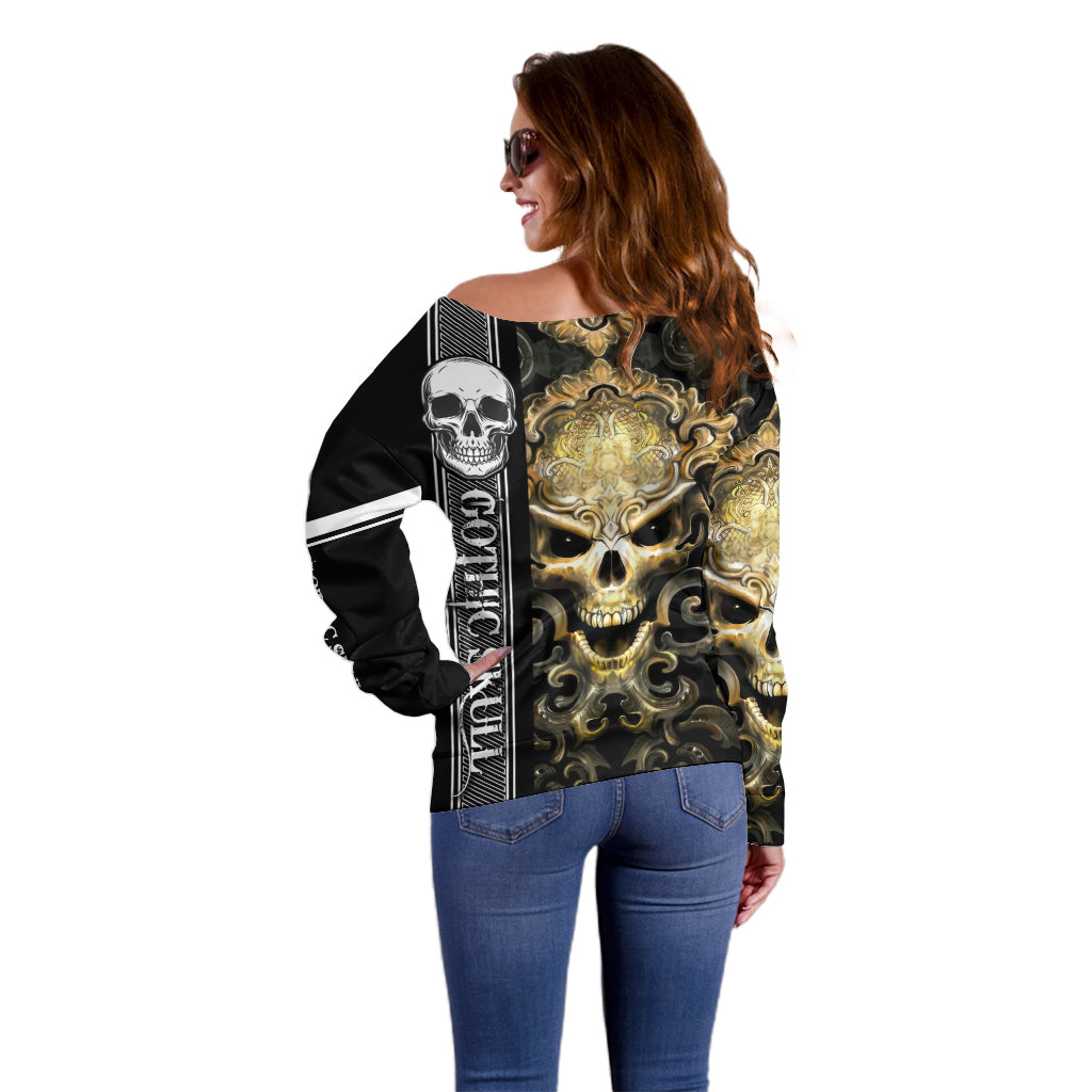 Golden Gothic Skull Off Shoulder Sweater Embracing Ancient Elegance - Wonder Print Shop