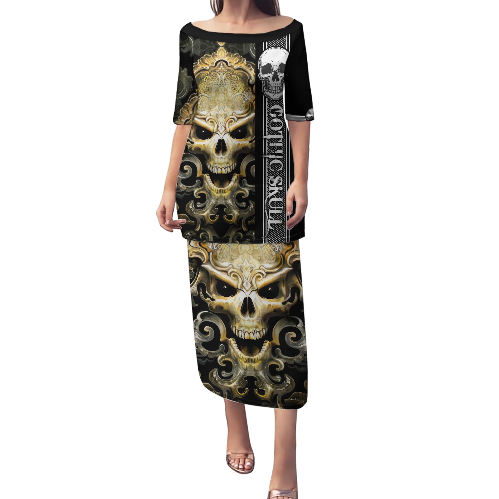 Golden Gothic Skull Puletasi Embracing Ancient Elegance - Wonder Print Shop