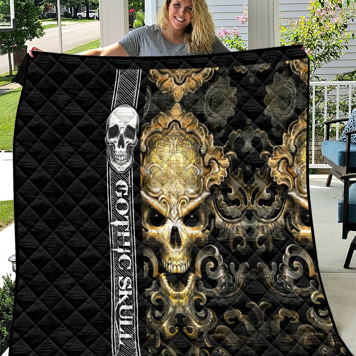Golden Gothic Skull Quilt Embracing Ancient Elegance - Wonder Print Shop