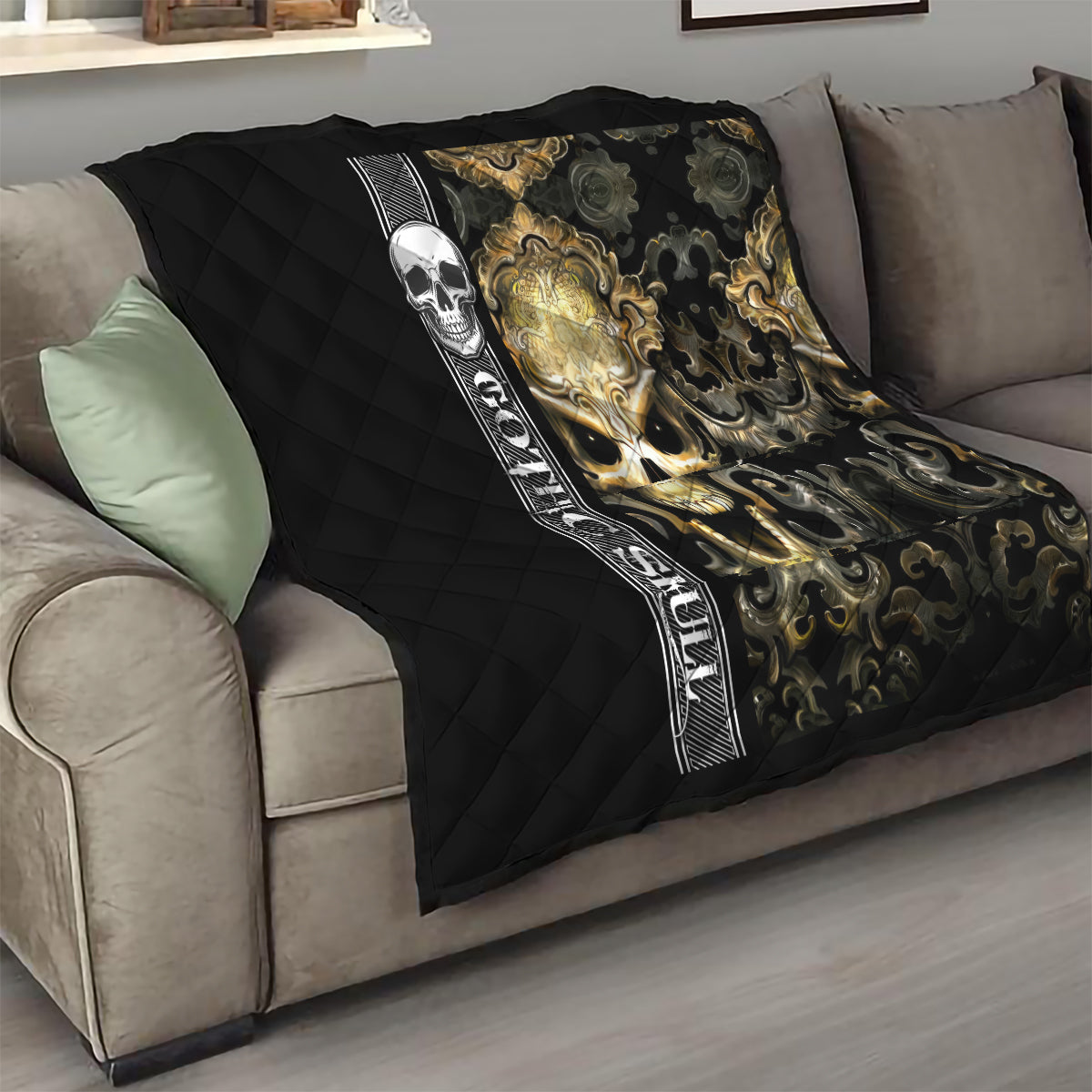 Golden Gothic Skull Quilt Embracing Ancient Elegance - Wonder Print Shop