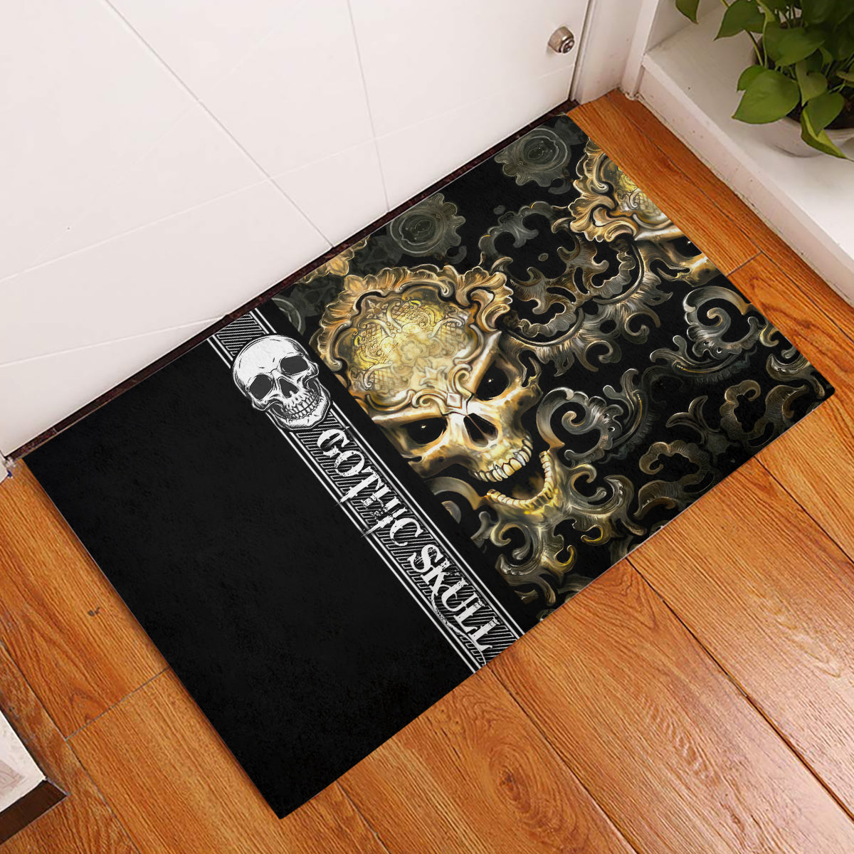 Golden Gothic Skull Rubber Doormat Embracing Ancient Elegance - Wonder Print Shop