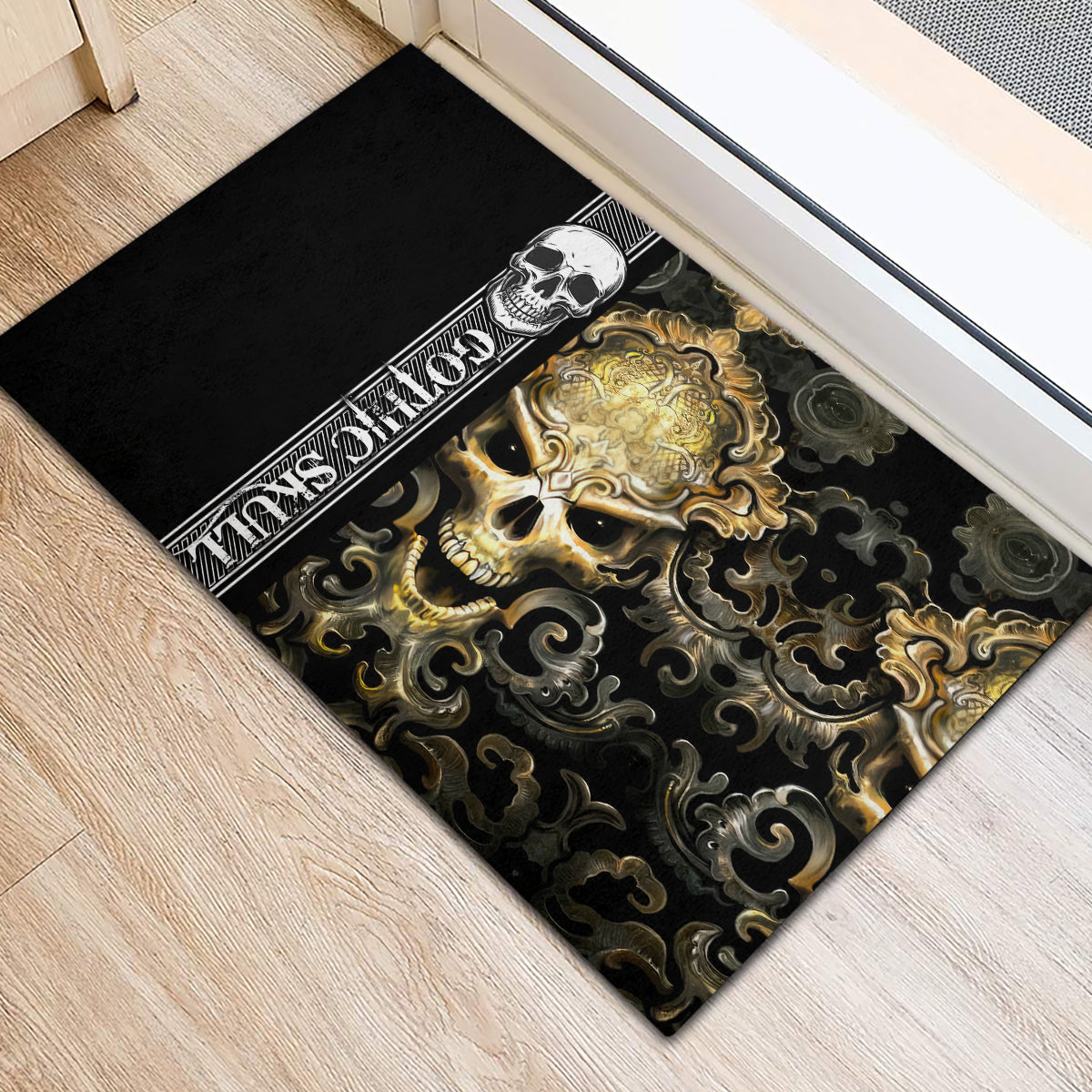 Golden Gothic Skull Rubber Doormat Embracing Ancient Elegance - Wonder Print Shop