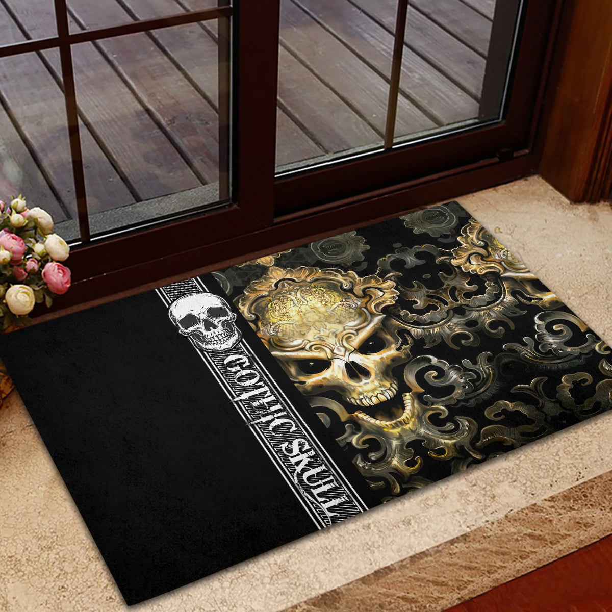 Golden Gothic Skull Rubber Doormat Embracing Ancient Elegance - Wonder Print Shop