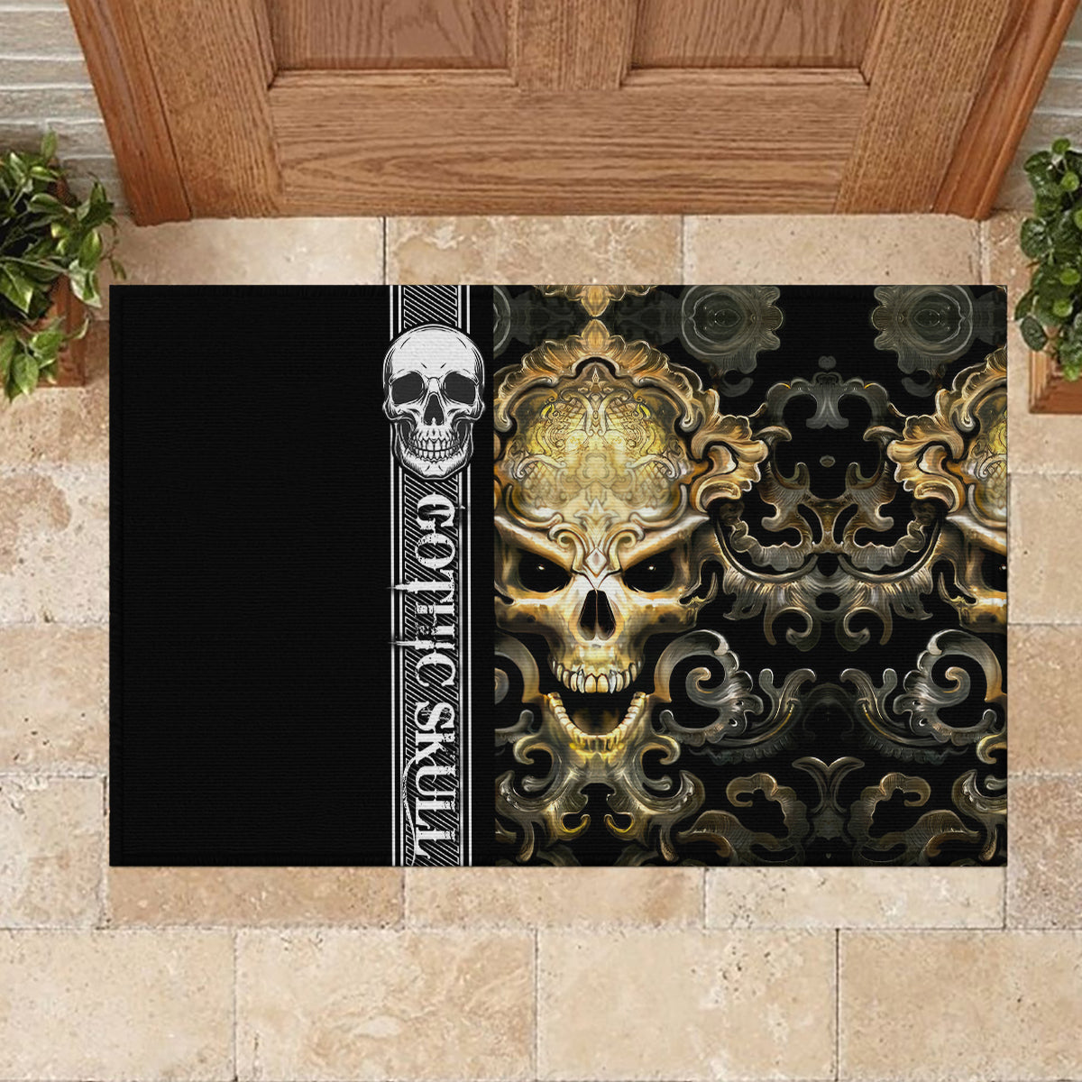 Golden Gothic Skull Rubber Doormat Embracing Ancient Elegance - Wonder Print Shop