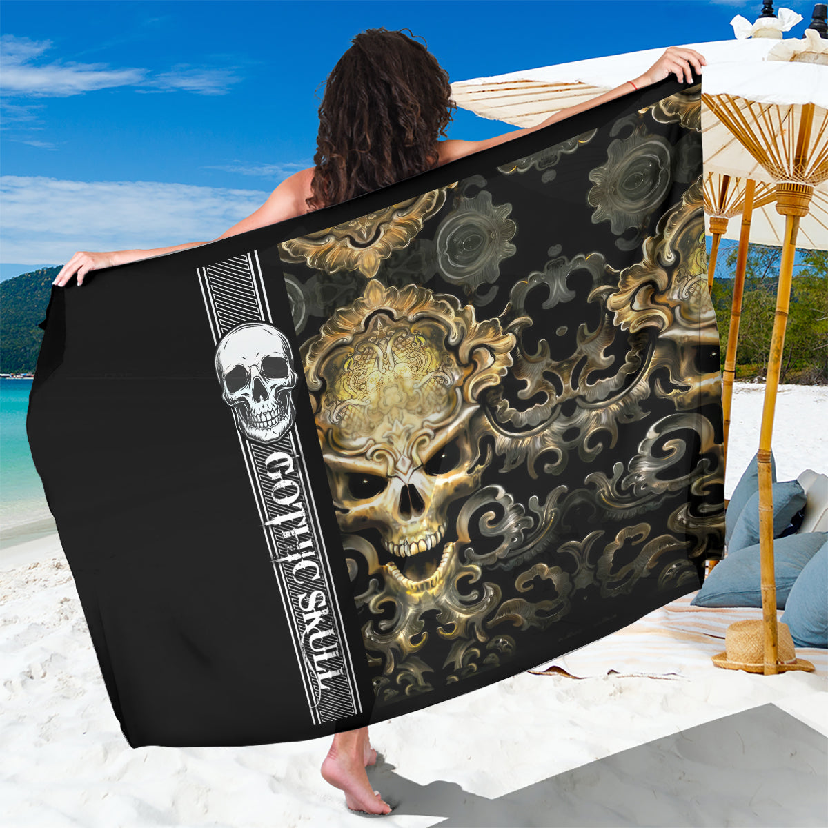 Golden Gothic Skull Sarong Embracing Ancient Elegance - Wonder Print Shop