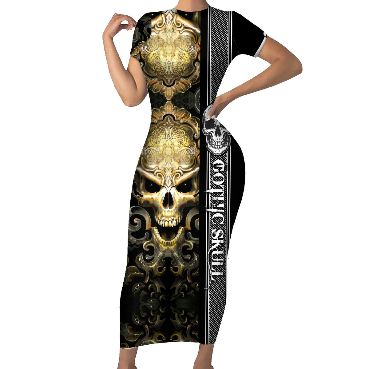 Golden Gothic Skull Short Sleeve Bodycon Dress Embracing Ancient Elegance - Wonder Print Shop