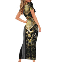Golden Gothic Skull Short Sleeve Bodycon Dress Embracing Ancient Elegance - Wonder Print Shop