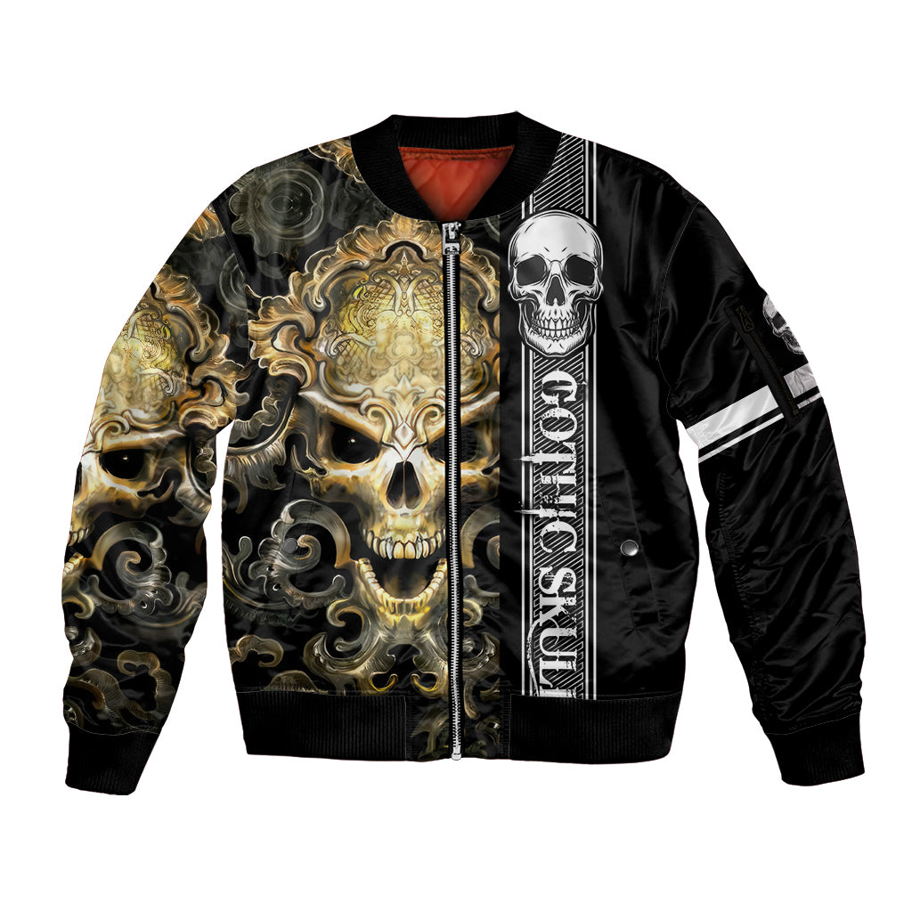 Golden Gothic Skull Sleeve Zip Bomber Jacket Embracing Ancient Elegance - Wonder Print Shop