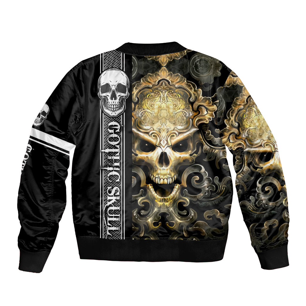 Golden Gothic Skull Sleeve Zip Bomber Jacket Embracing Ancient Elegance - Wonder Print Shop