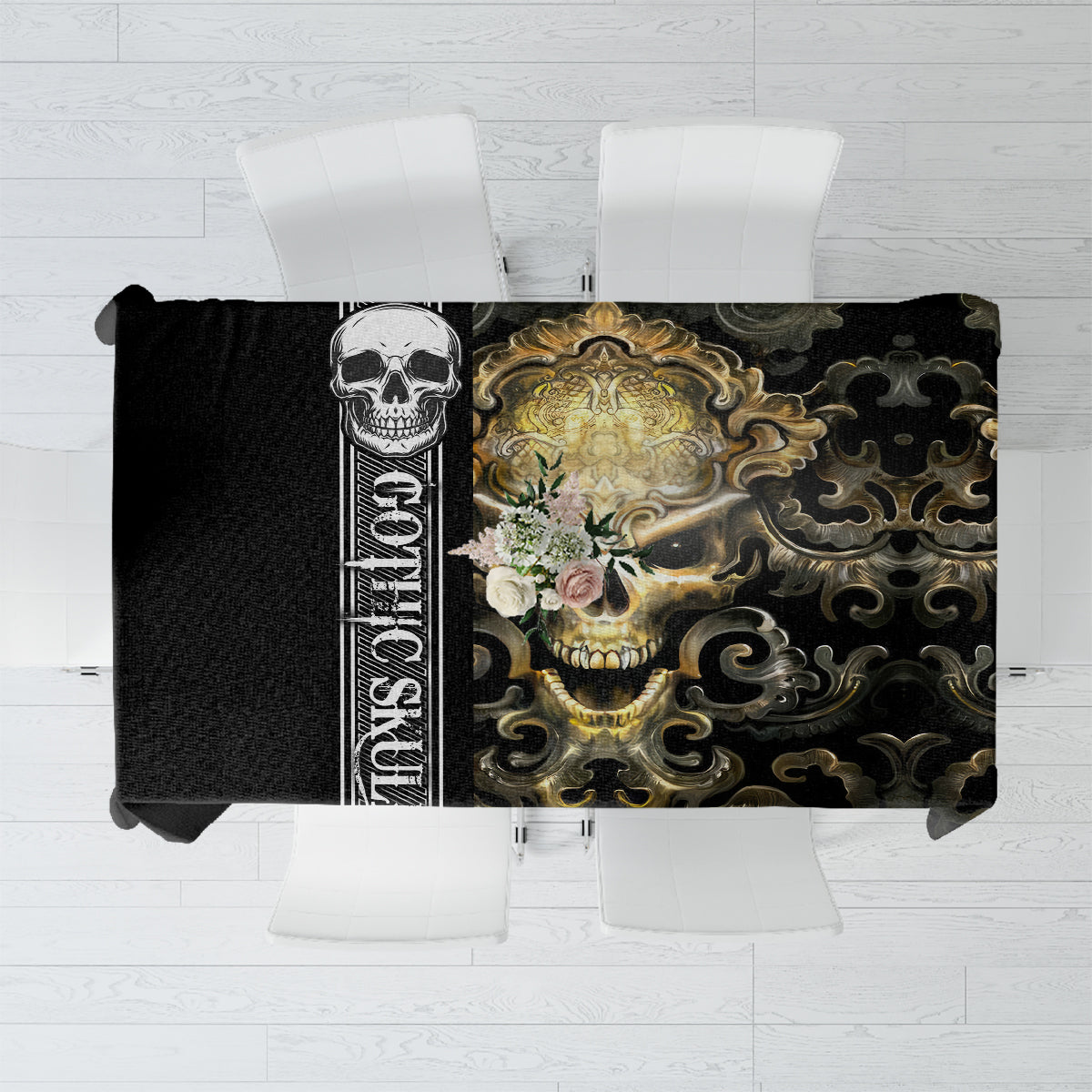 Golden Gothic Skull Tablecloth Embracing Ancient Elegance - Wonder Print Shop