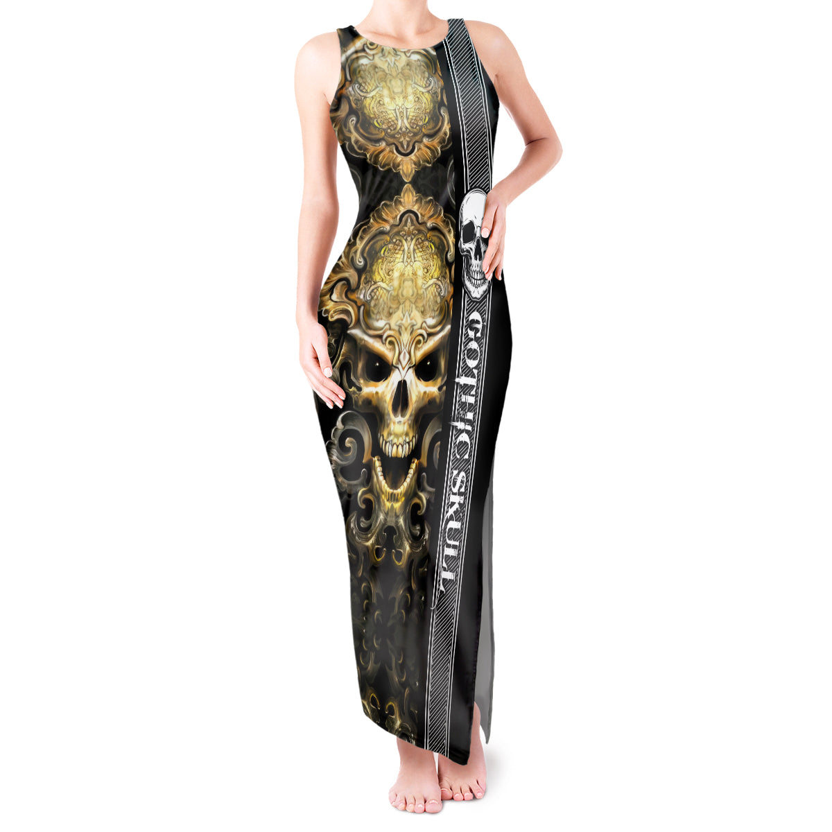 Golden Gothic Skull Tank Maxi Dress Embracing Ancient Elegance - Wonder Print Shop