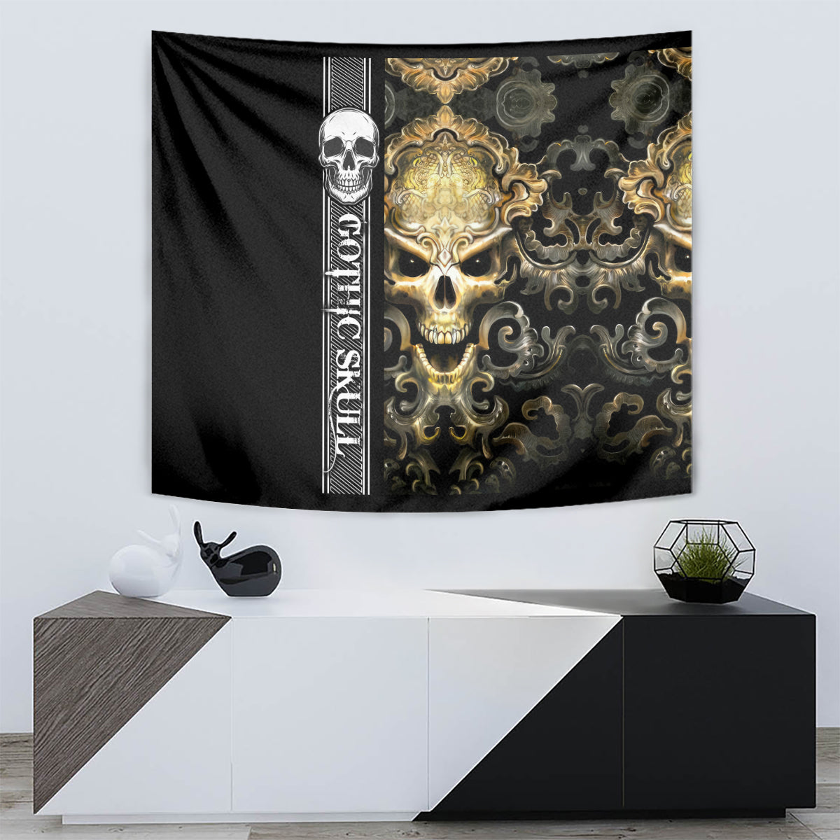 Golden Gothic Skull Tapestry Embracing Ancient Elegance - Wonder Print Shop