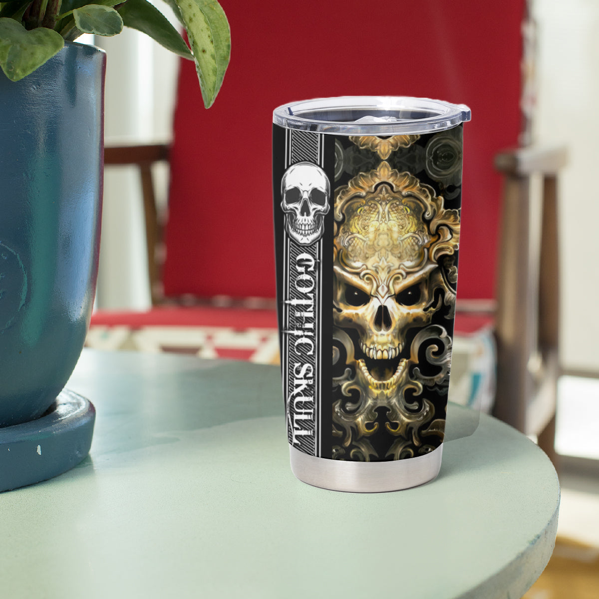 Golden Gothic Skull Tumbler Cup Embracing Ancient Elegance - Wonder Print Shop