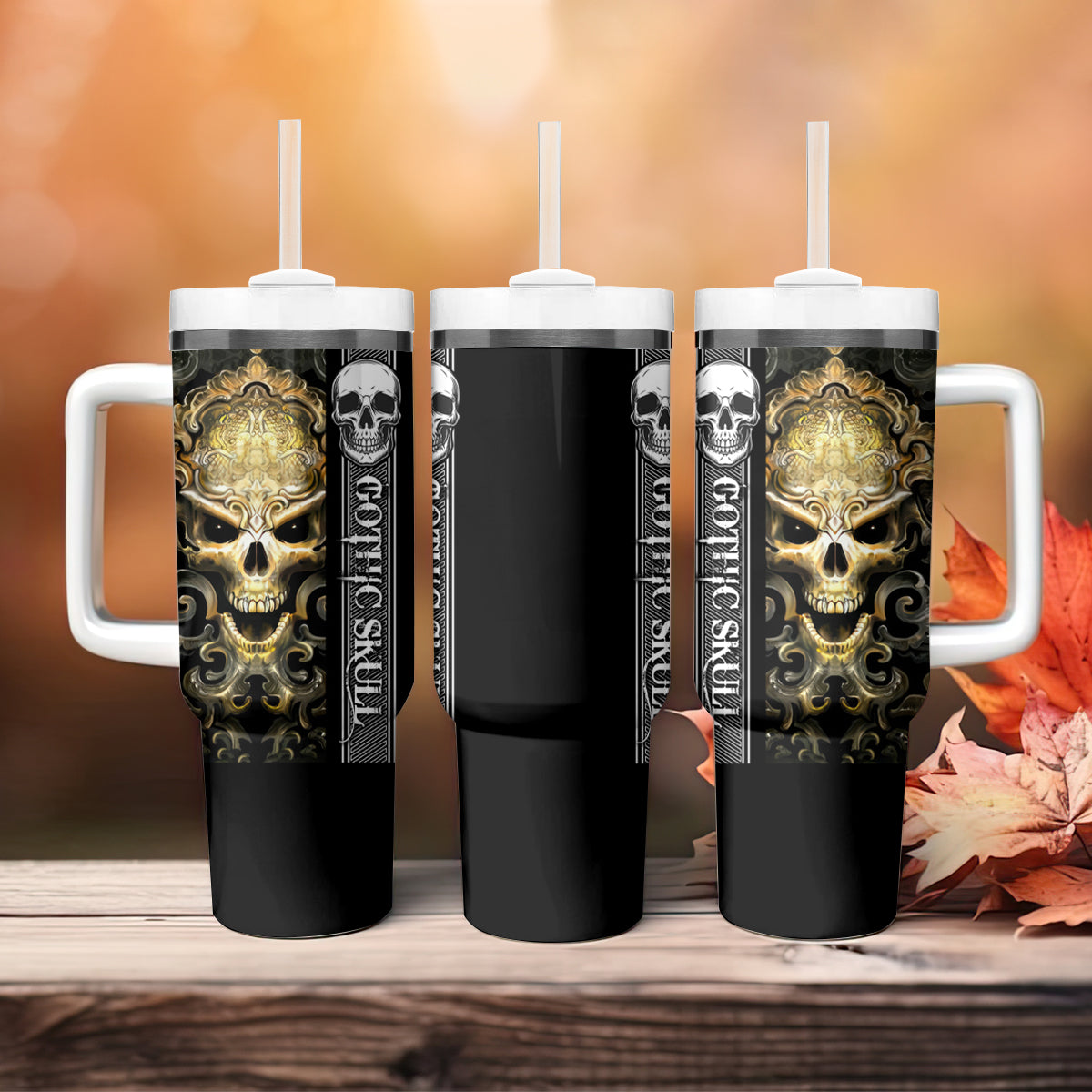 Golden Gothic Skull Tumbler With Handle Embracing Ancient Elegance - Wonder Print Shop