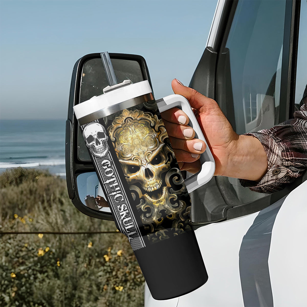 Golden Gothic Skull Tumbler With Handle Embracing Ancient Elegance - Wonder Print Shop