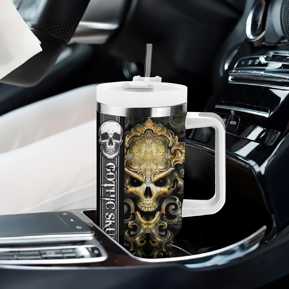 Golden Gothic Skull Tumbler With Handle Embracing Ancient Elegance - Wonder Print Shop