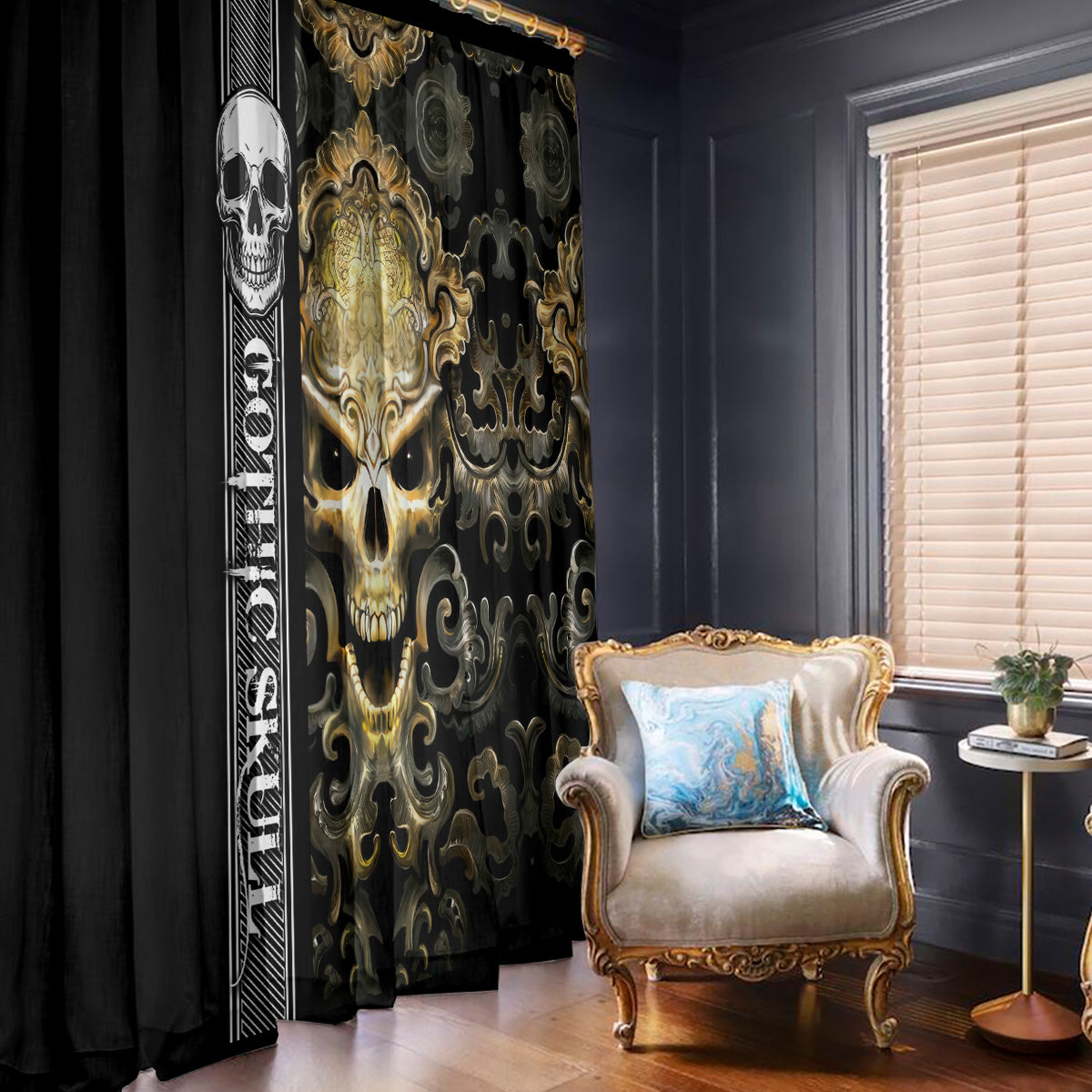 Golden Gothic Skull Window Curtain Embracing Ancient Elegance - Wonder Print Shop
