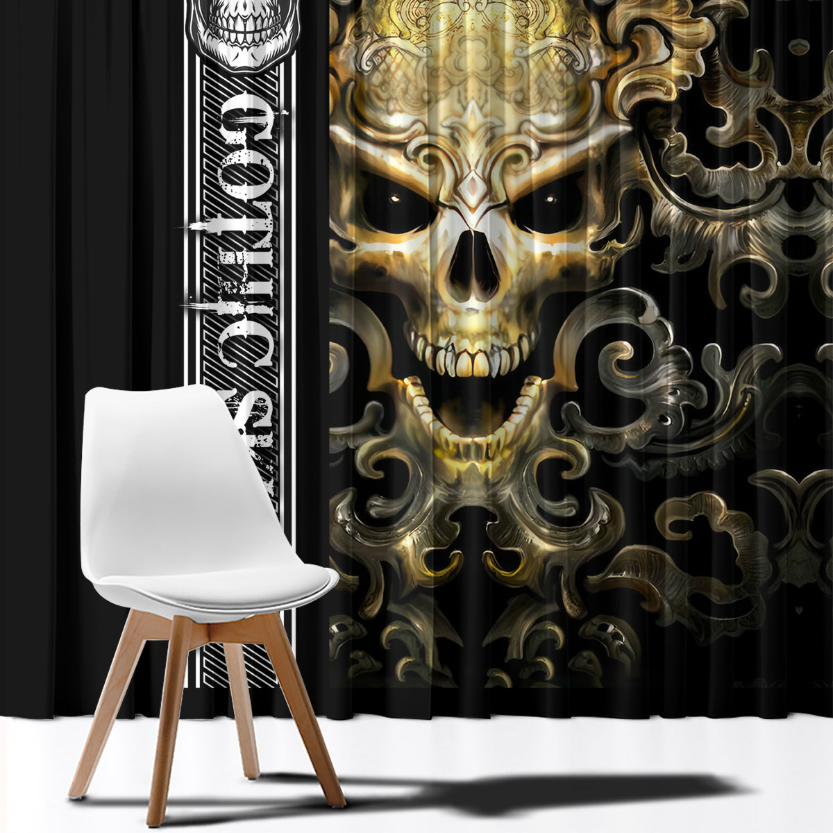 Golden Gothic Skull Window Curtain Embracing Ancient Elegance - Wonder Print Shop