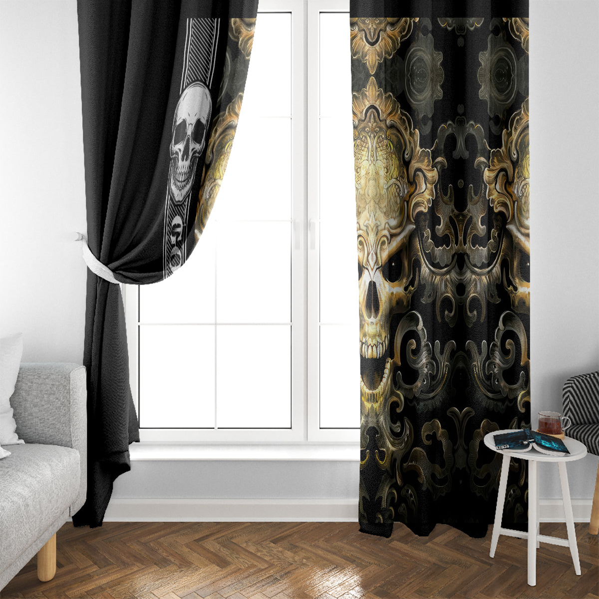 Golden Gothic Skull Window Curtain Embracing Ancient Elegance - Wonder Print Shop