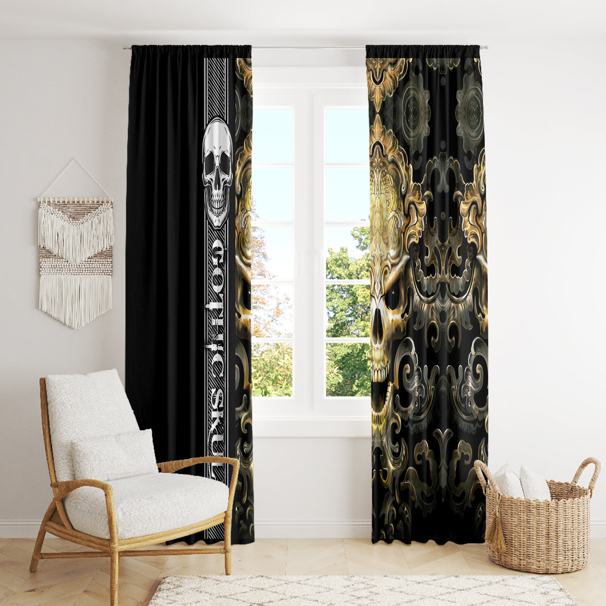 Golden Gothic Skull Window Curtain Embracing Ancient Elegance - Wonder Print Shop