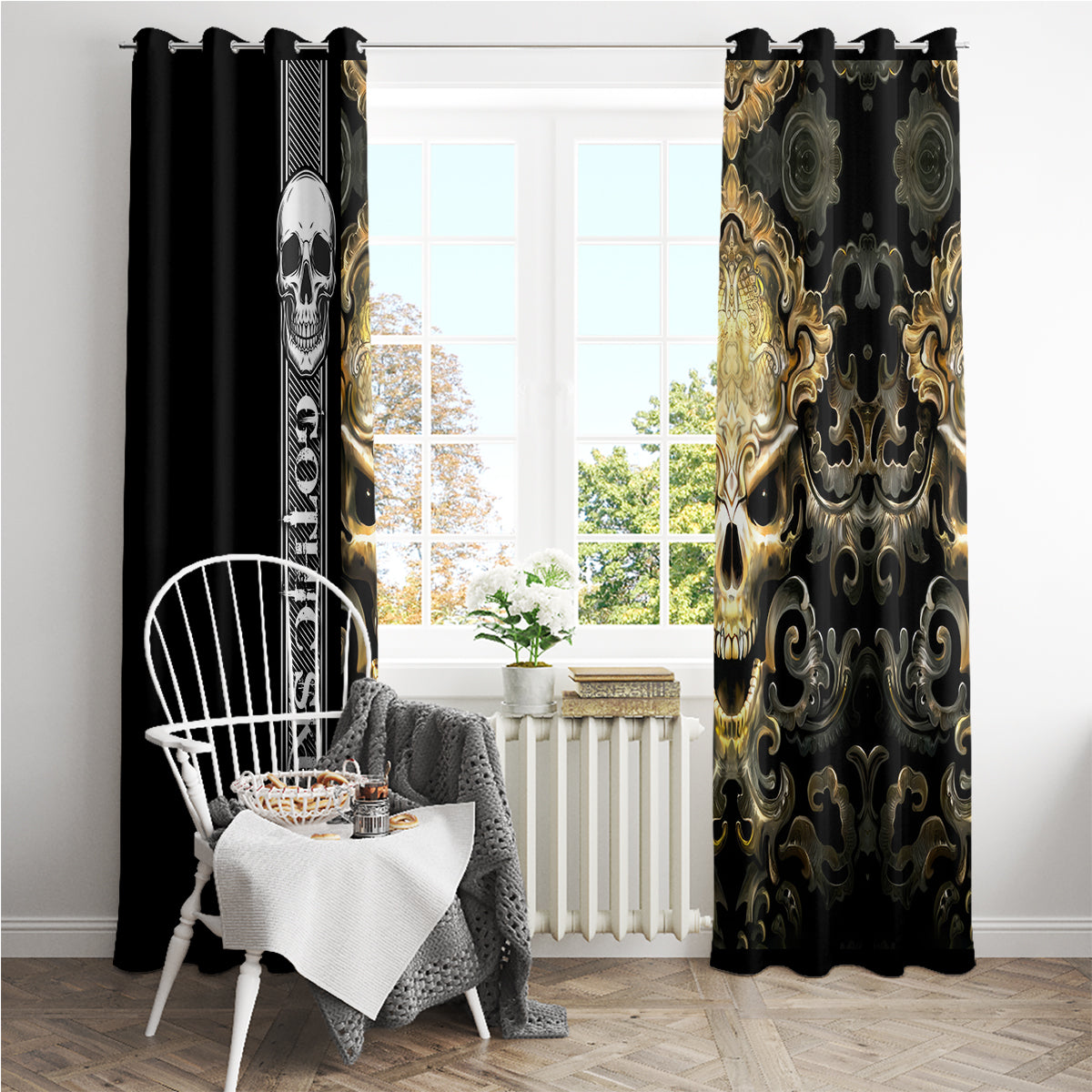 Golden Gothic Skull Window Curtain Embracing Ancient Elegance - Wonder Print Shop