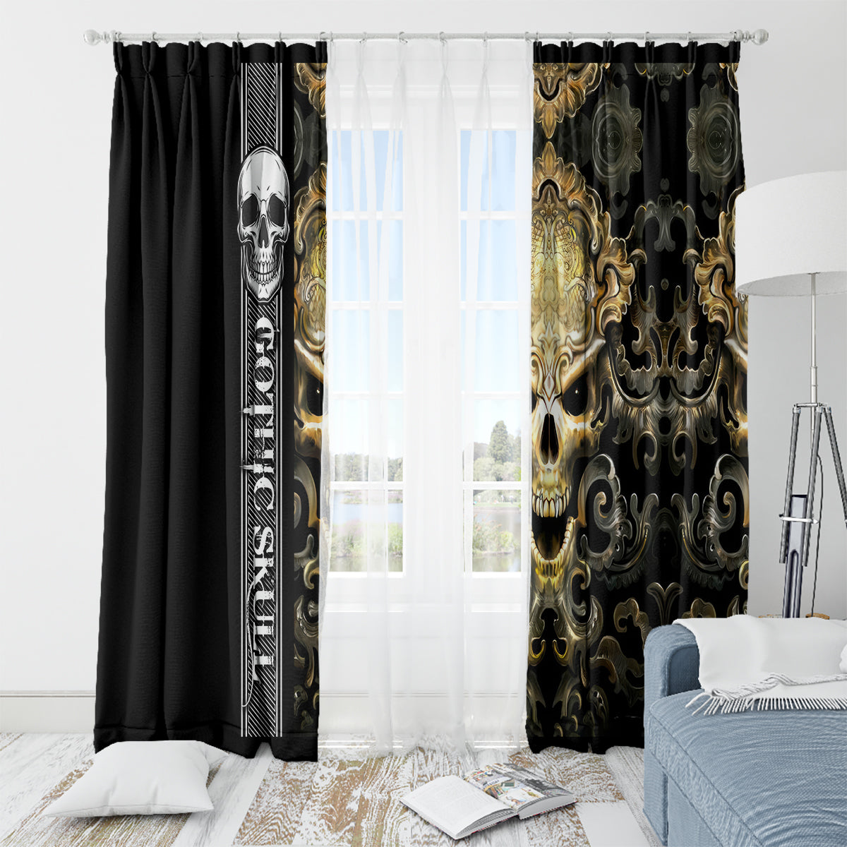 Golden Gothic Skull Window Curtain Embracing Ancient Elegance - Wonder Print Shop