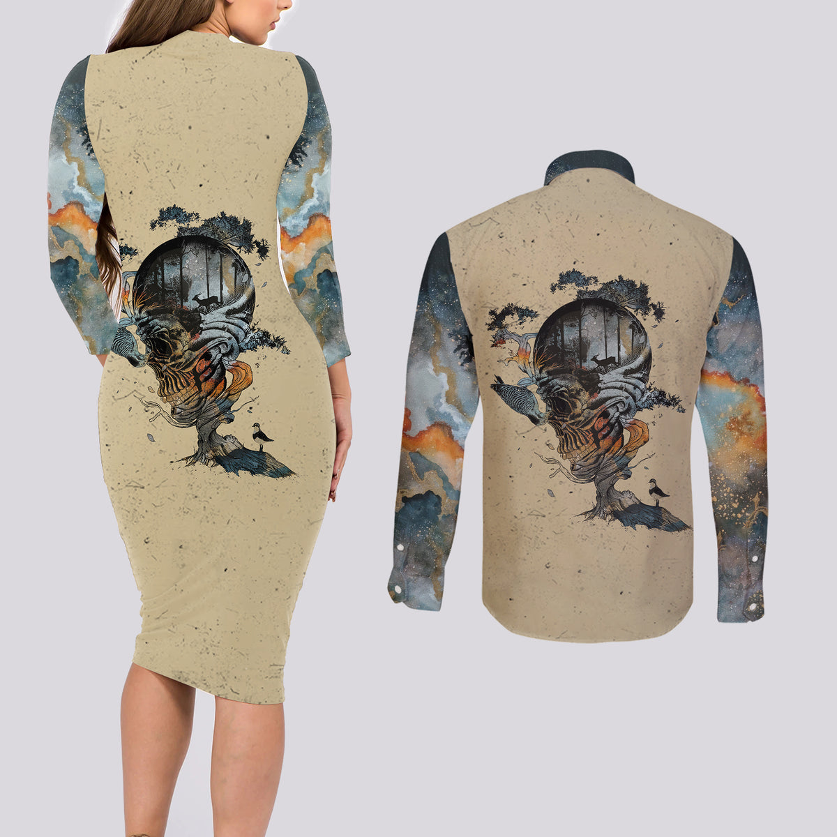Skull Couples Matching Long Sleeve Bodycon Dress and Long Sleeve Button Shirts Hello Darkness My Old Friend - Wonder Print Shop