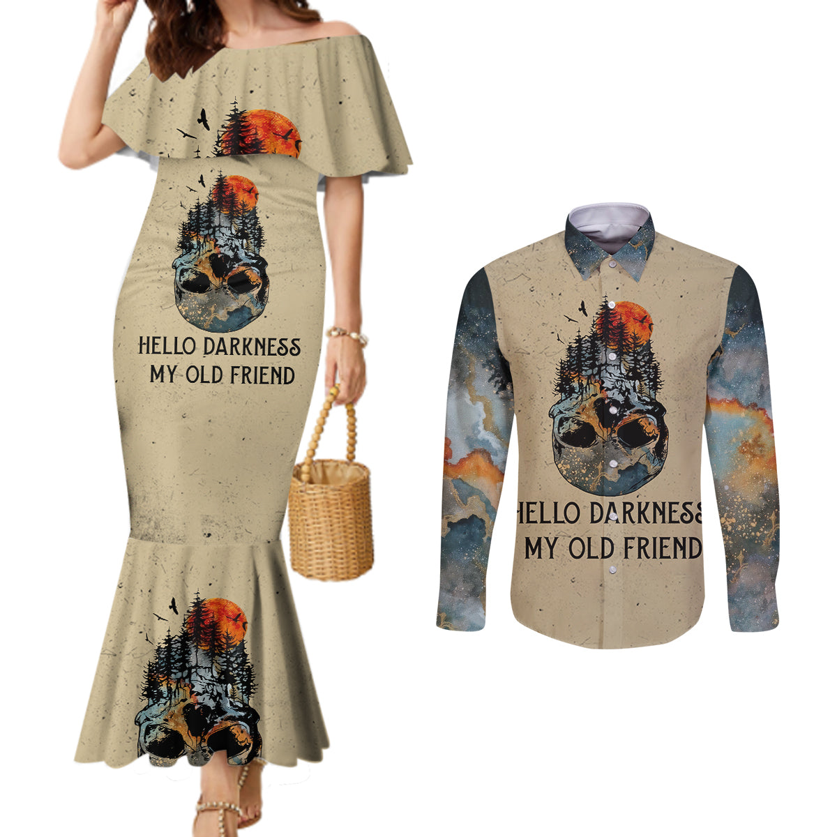 Skull Couples Matching Mermaid Dress and Long Sleeve Button Shirts Hello Darkness My Old Friend DT01