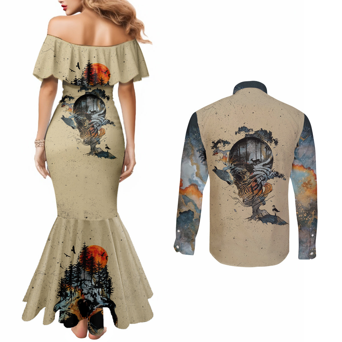 Skull Couples Matching Mermaid Dress and Long Sleeve Button Shirts Hello Darkness My Old Friend DT01