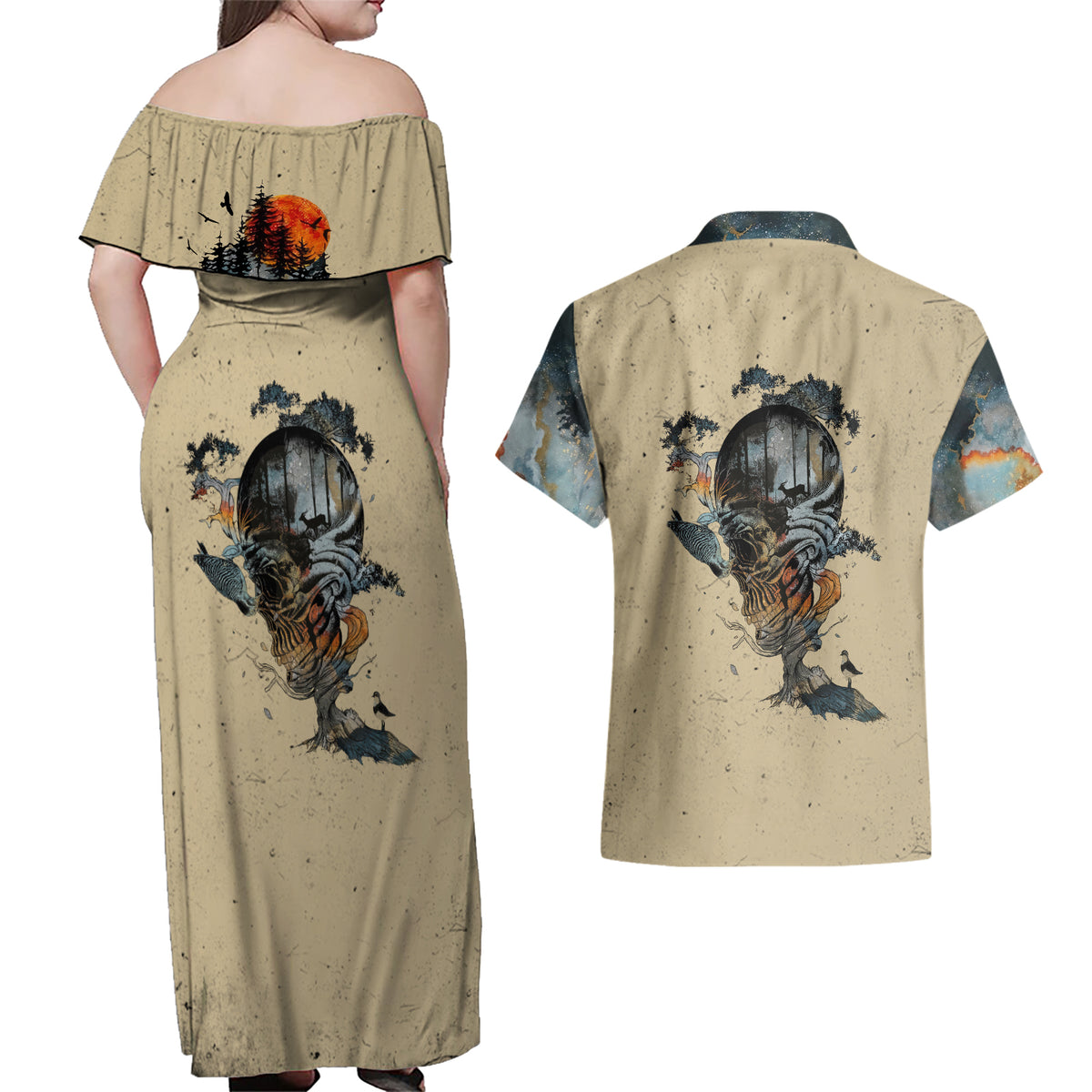 Skull Couples Matching Off Shoulder Maxi Dress and Hawaiian Shirt Hello Darkness My Old Friend - Wonder Print Shop