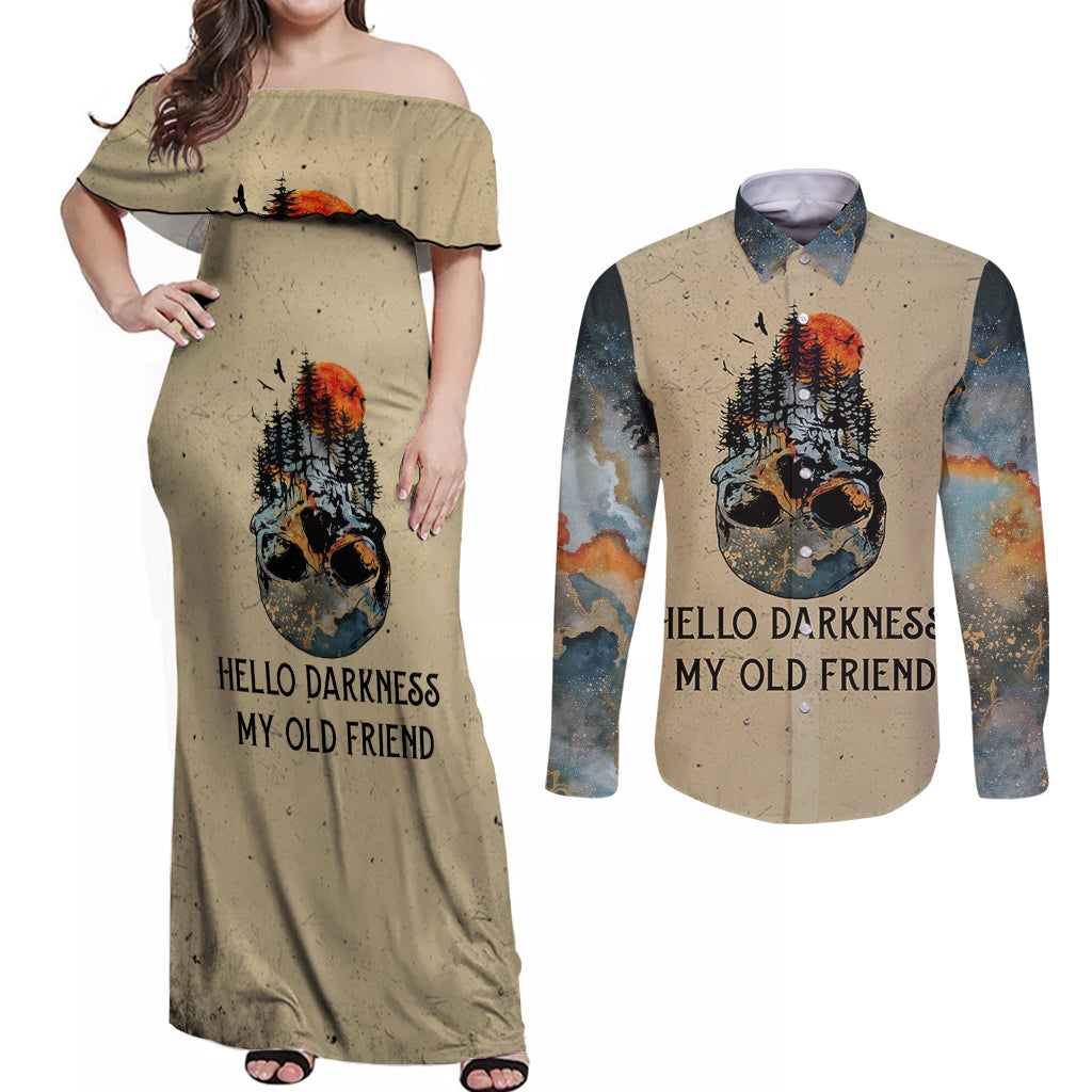 Skull Couples Matching Off Shoulder Maxi Dress and Long Sleeve Button Shirts Hello Darkness My Old Friend - Wonder Print Shop