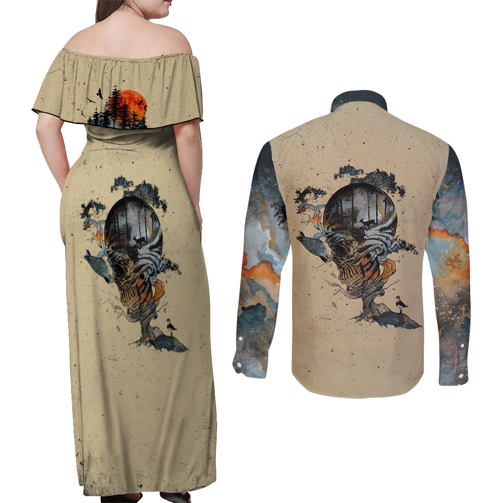 Skull Couples Matching Off Shoulder Maxi Dress and Long Sleeve Button Shirts Hello Darkness My Old Friend - Wonder Print Shop
