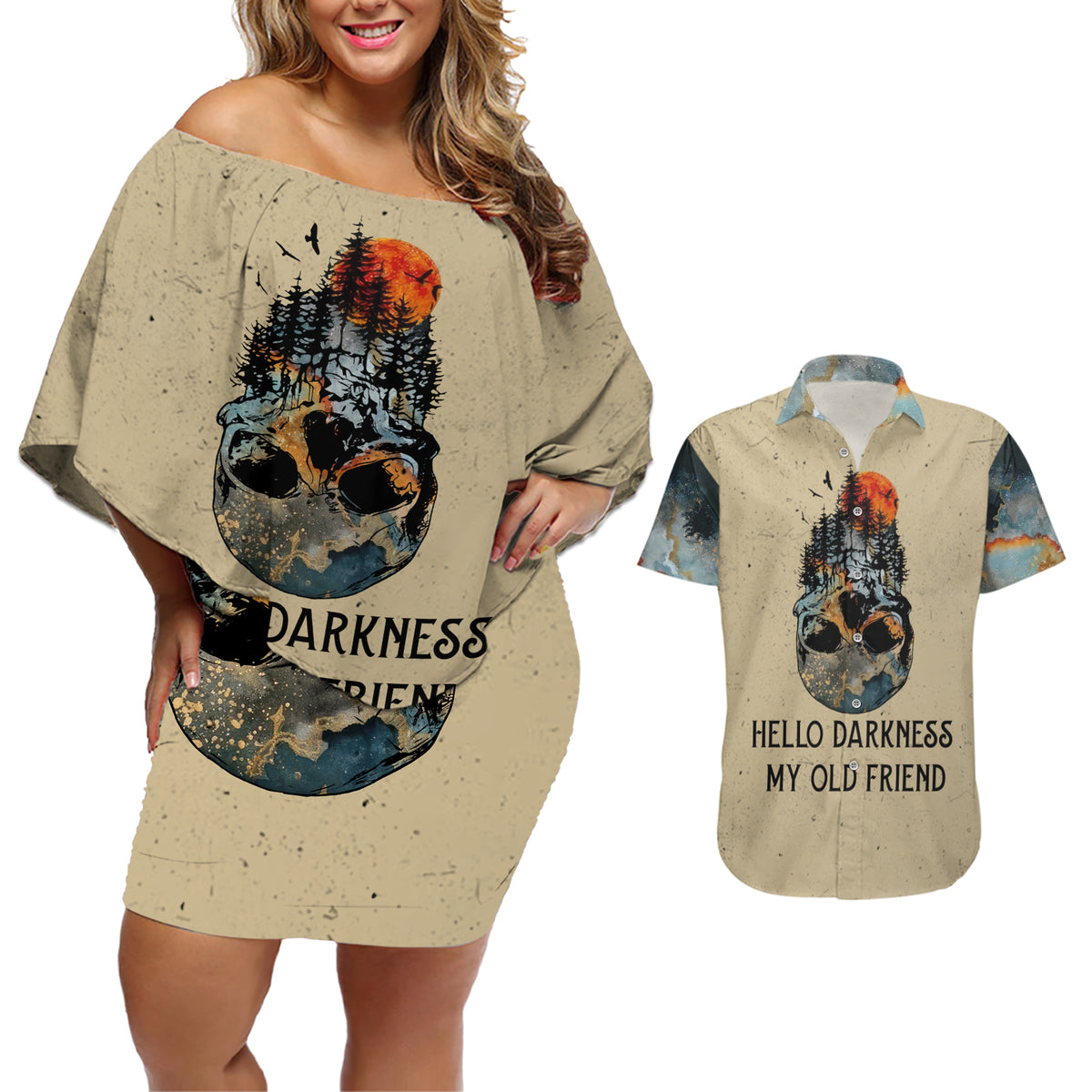 Skull Couples Matching Off Shoulder Short Dress and Hawaiian Shirt Hello Darkness My Old Friend - Wonder Print Shop