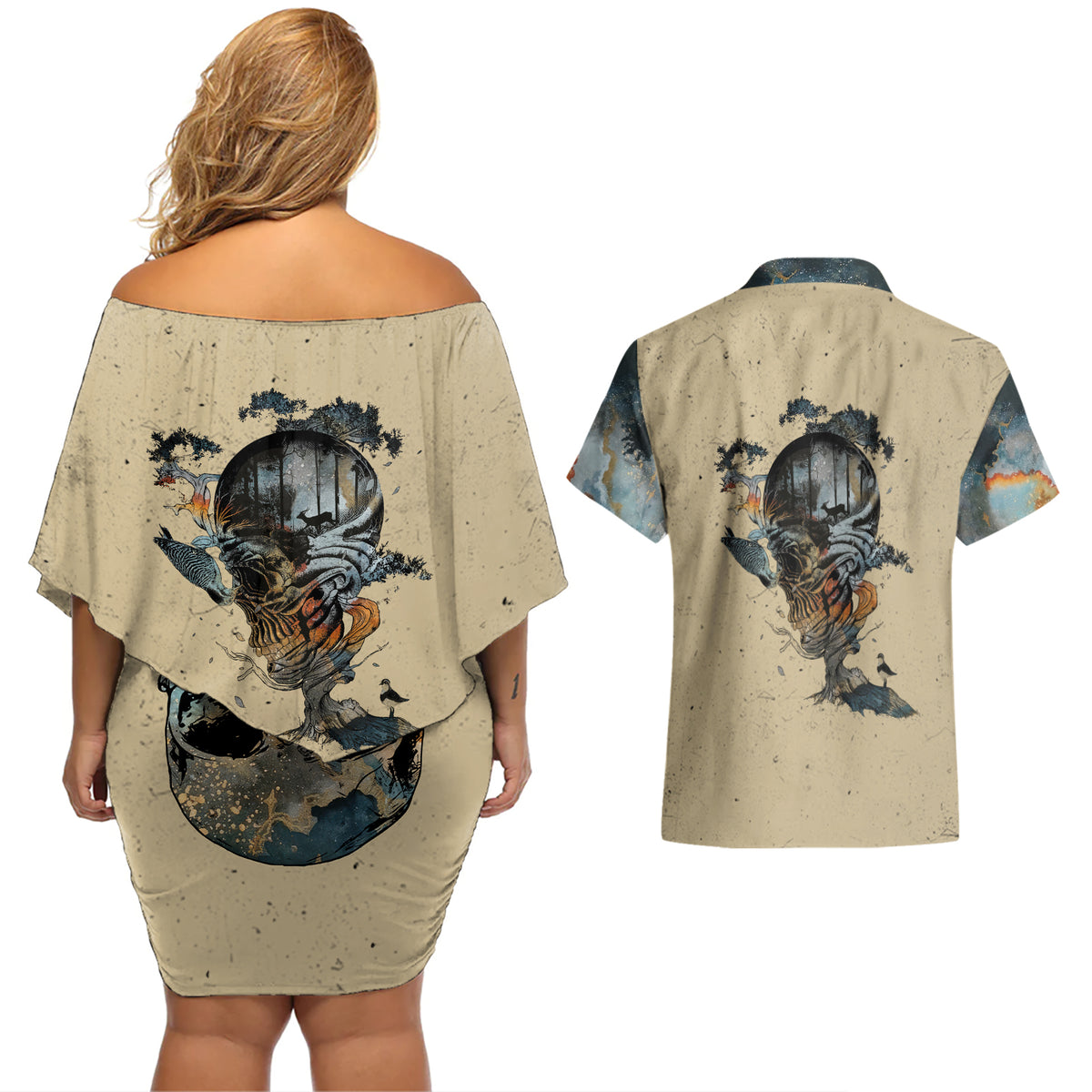Skull Couples Matching Off Shoulder Short Dress and Hawaiian Shirt Hello Darkness My Old Friend - Wonder Print Shop