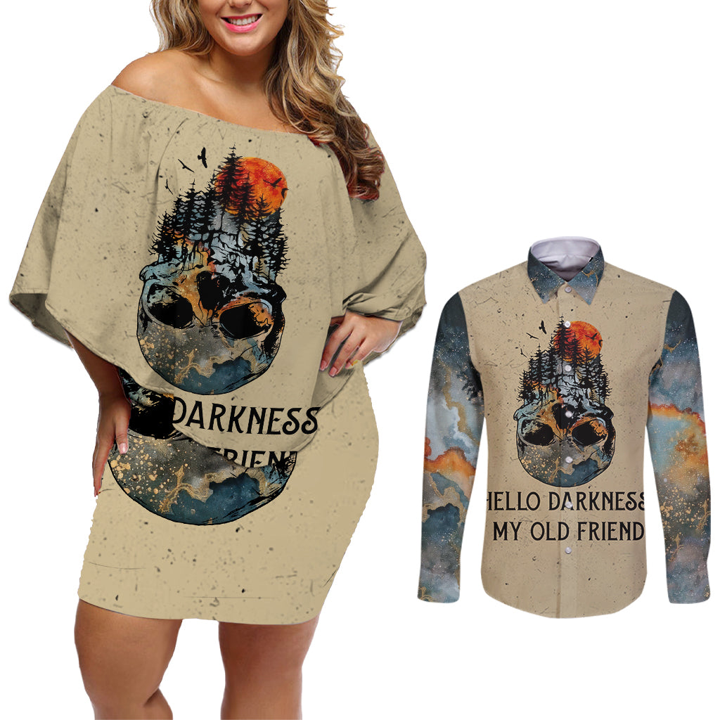 Skull Couples Matching Off Shoulder Short Dress and Long Sleeve Button Shirts Hello Darkness My Old Friend - Wonder Print Shop