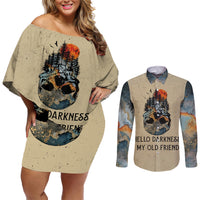 Skull Couples Matching Off Shoulder Short Dress and Long Sleeve Button Shirts Hello Darkness My Old Friend - Wonder Print Shop