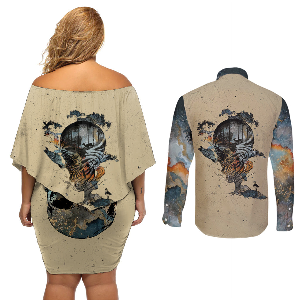 Skull Couples Matching Off Shoulder Short Dress and Long Sleeve Button Shirts Hello Darkness My Old Friend - Wonder Print Shop