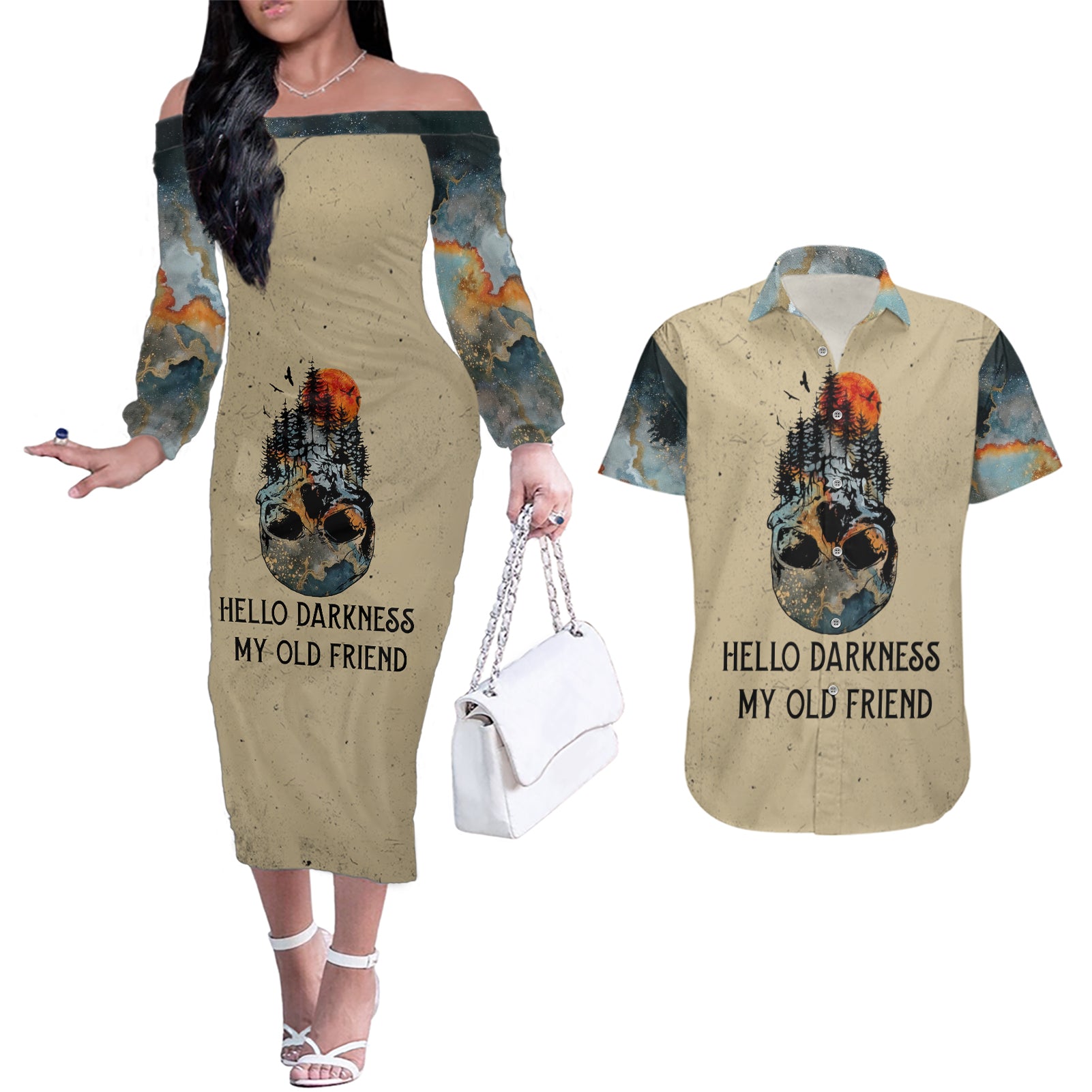 Skull Couples Matching Off The Shoulder Long Sleeve Dress and Hawaiian Shirt Hello Darkness My Old Friend - Wonder Print Shop