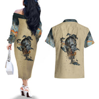 Skull Couples Matching Off The Shoulder Long Sleeve Dress and Hawaiian Shirt Hello Darkness My Old Friend - Wonder Print Shop