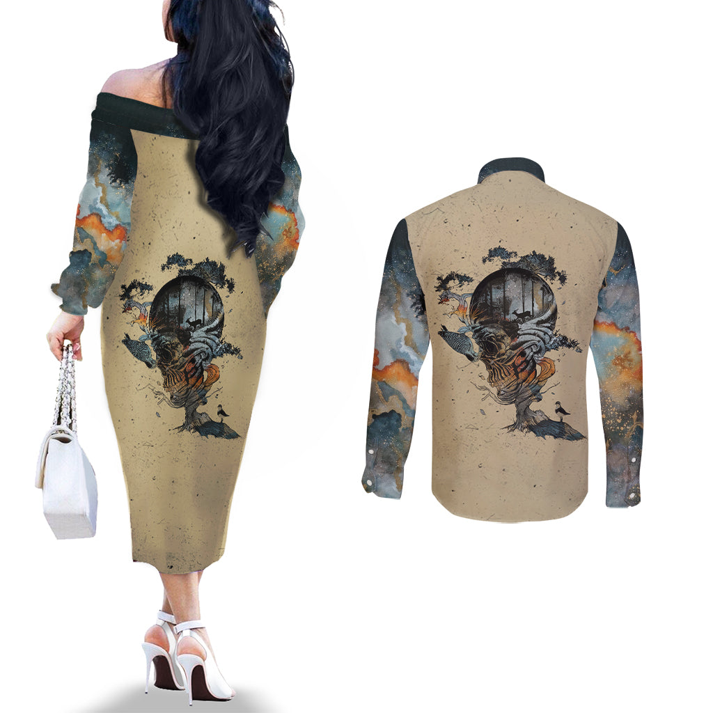 Skull Couples Matching Off The Shoulder Long Sleeve Dress and Long Sleeve Button Shirts Hello Darkness My Old Friend DT01