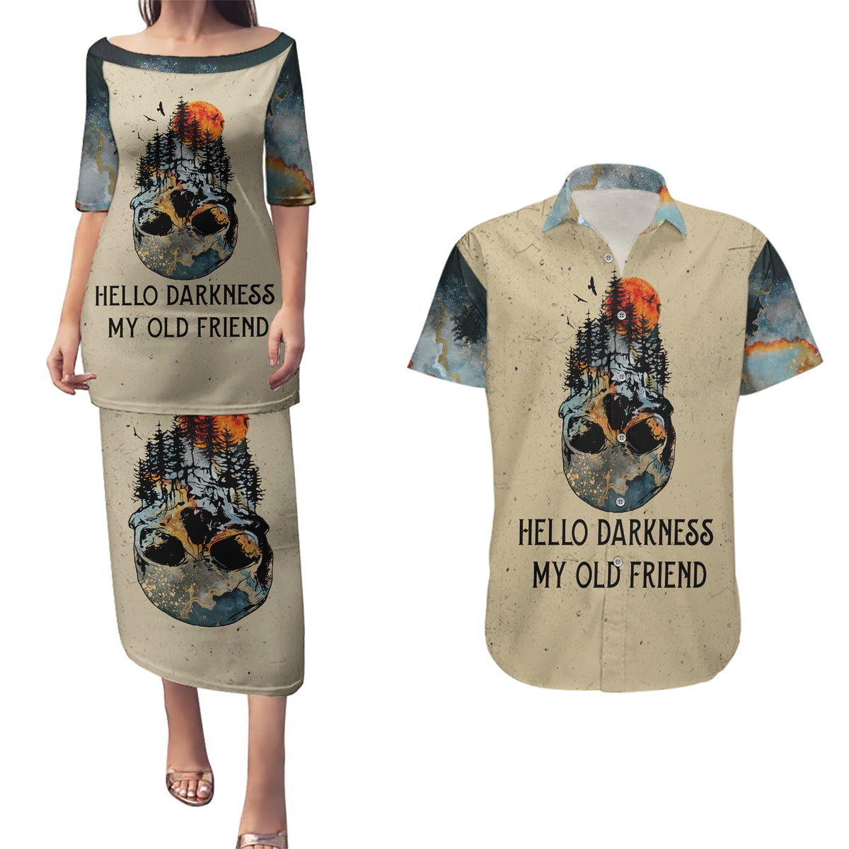Skull Couples Matching Puletasi Dress and Hawaiian Shirt Hello Darkness My Old Friend - Wonder Print Shop