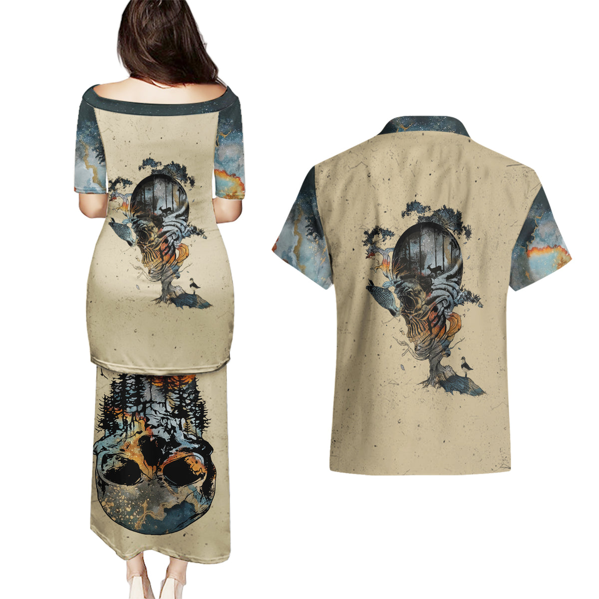 Skull Couples Matching Puletasi Dress and Hawaiian Shirt Hello Darkness My Old Friend - Wonder Print Shop