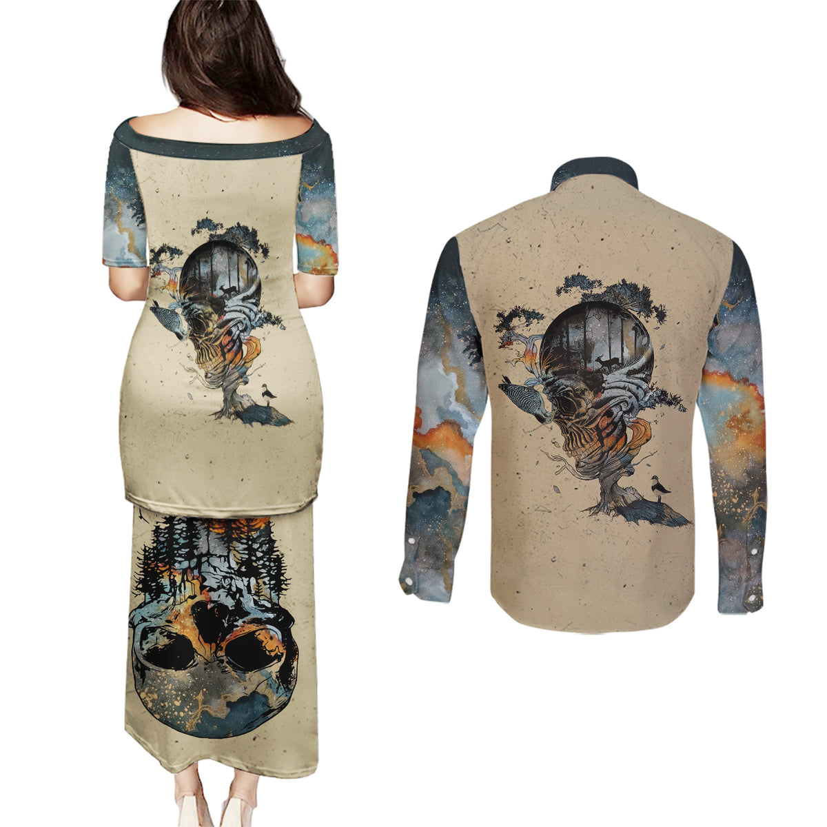 Skull Couples Matching Puletasi Dress and Long Sleeve Button Shirts Hello Darkness My Old Friend - Wonder Print Shop