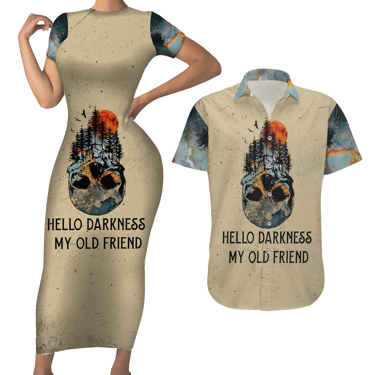 Skull Couples Matching Short Sleeve Bodycon Dress and Hawaiian Shirt Hello Darkness My Old Friend - Wonder Print Shop