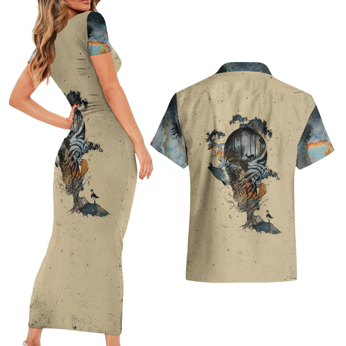 Skull Couples Matching Short Sleeve Bodycon Dress and Hawaiian Shirt Hello Darkness My Old Friend - Wonder Print Shop