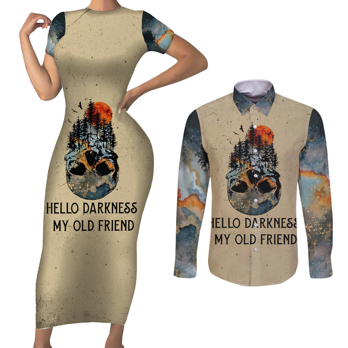 Skull Couples Matching Short Sleeve Bodycon Dress and Long Sleeve Button Shirts Hello Darkness My Old Friend - Wonder Print Shop