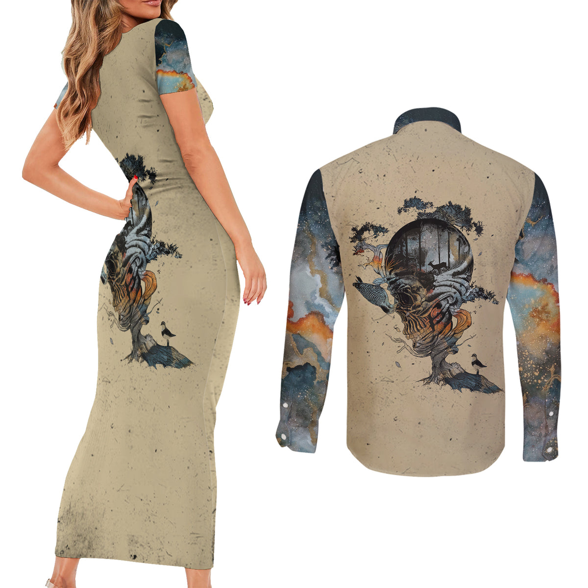 Skull Couples Matching Short Sleeve Bodycon Dress and Long Sleeve Button Shirts Hello Darkness My Old Friend - Wonder Print Shop