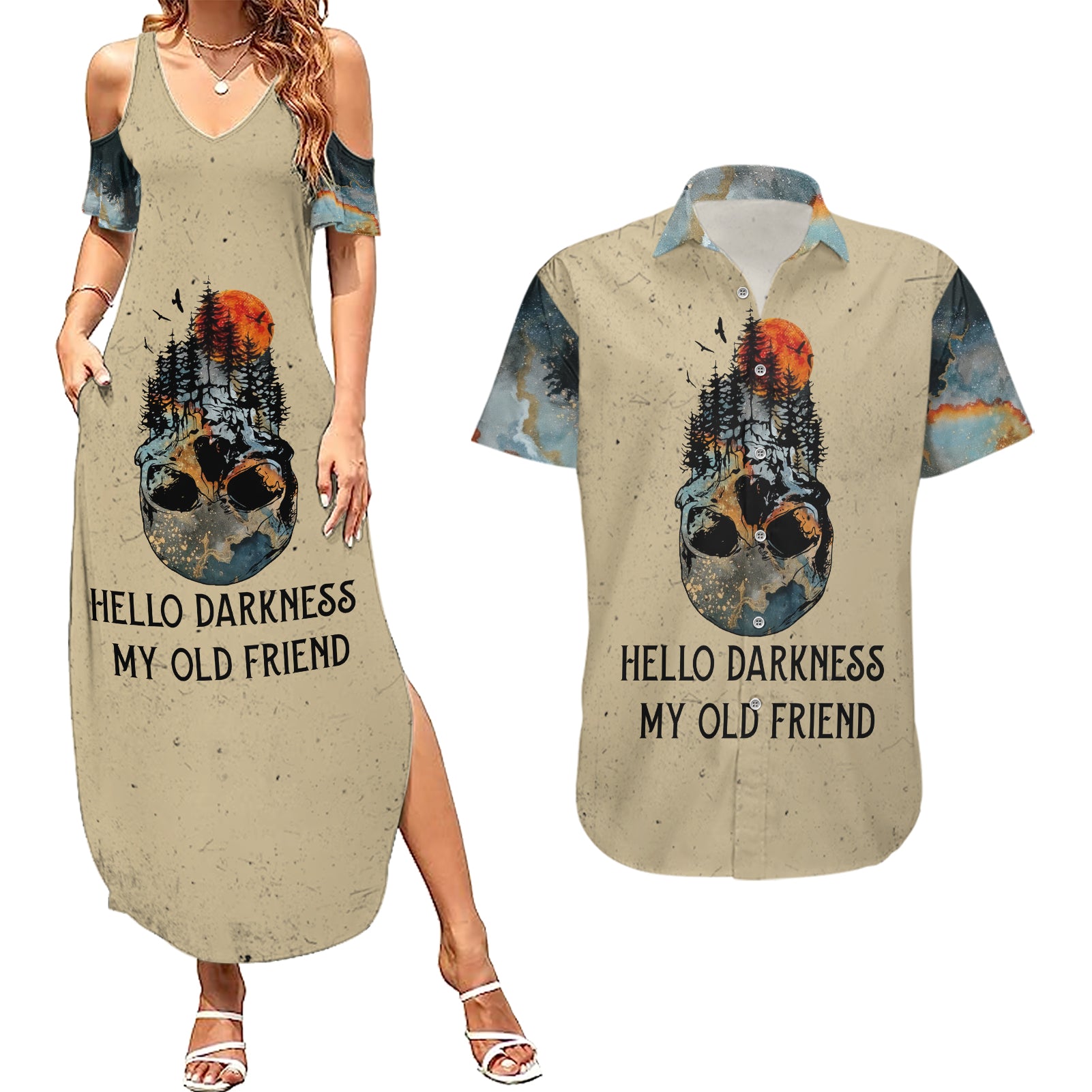 Skull Couples Matching Summer Maxi Dress and Hawaiian Shirt Hello Darkness My Old Friend - Wonder Print Shop